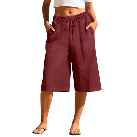 Dvprdro Womens Loose Fit Wide Leg Capri Pants Elastic Drawstring Waist Side Pockets Solid Cotton Pants Summer