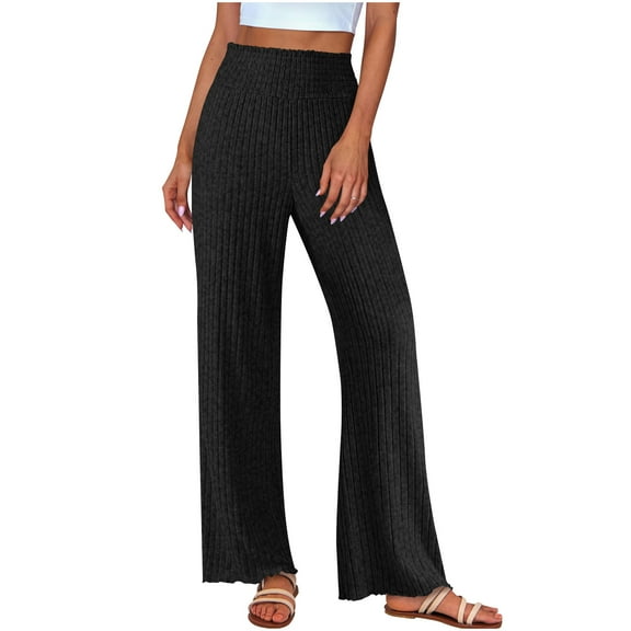 Dvprdro ‌Womens Lounge Pants Stretchy Ribbed Waistband Cozy Knitted Long Sleepwear Soft Comfortable Flowy Wide Leg Elastic Waist Long Pajama Bottoms‌ Black XL