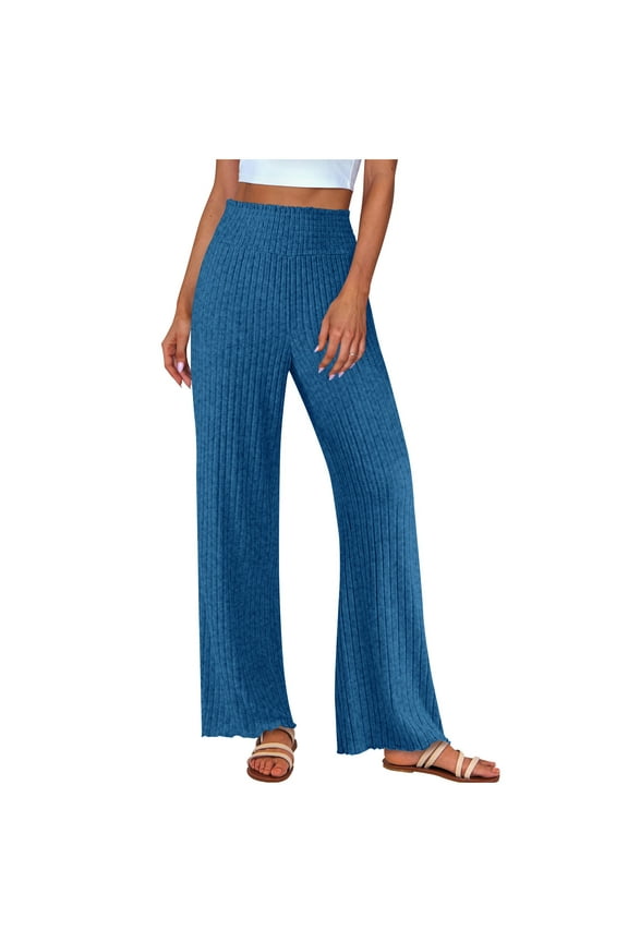 Womens Lounge Pants Stretchy Ribbed Waistband Cozy Knitted Long Sleepwear Soft Comfortable Flowy Wide Leg Elastic Waist Long Pajama Bottoms Blue S