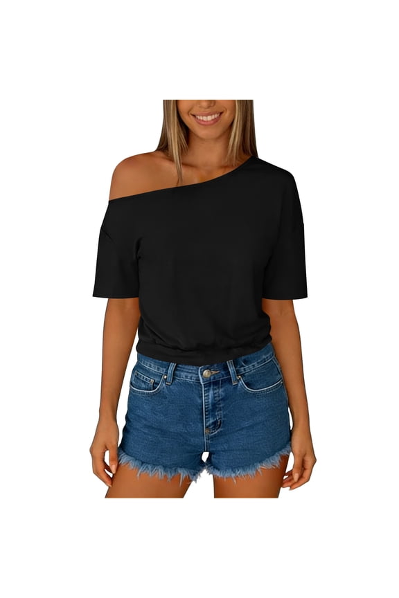 Womens One Shoulder Tops Short Sleeve Ruched Hem Blouses Rolled Cuff Pullover Casual Summer Shirts Black,Blue,Pink,Wine,Purple,Gray,Khaki,Green S,M,L,XL,2XL