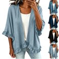 thumbnail image 1 of Dvprdro Womens Open Front Ruffle Sleeve Denim Jacket Light weight Frayed Hem Casual Vintage Washed Trucker Coat, 1 of 8