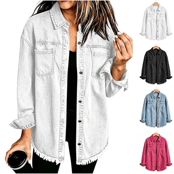 Dvprdro Womens Oversized Denim Jacket Button Front Long Sleeve Shacket with Pockets Loose Fit Fall Winter Casual Coat