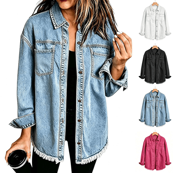 Dvprdro Womens Oversized Denim Jacket Button Front Long Sleeve Shacket with Pockets Loose Fit Fall Winter Casual Coat