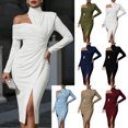 thumbnail image 1 of Dvprdro Womens Party Evening Midi Dress Asymmetric High Neck Long Sleeve Ruched Side Slit Fitted Solid, 1 of 5