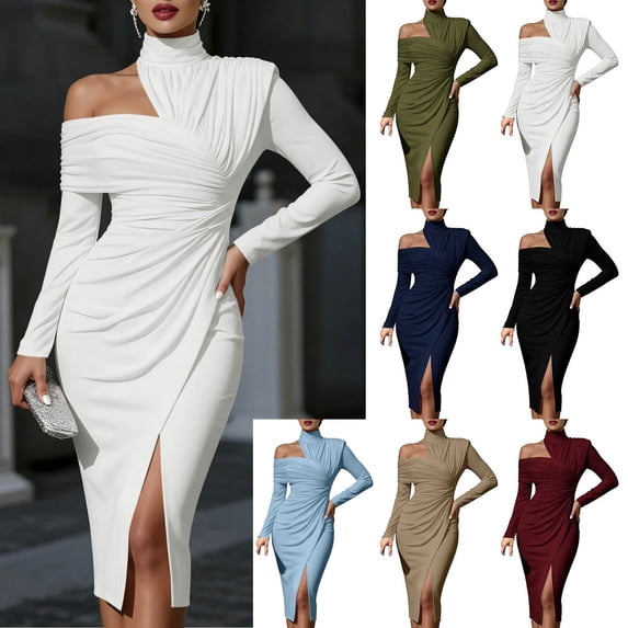 Dvprdro Womens Party Evening Midi Dress Asymmetric High Neck Long Sleeve Ruched Side Slit Fitted Solid