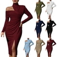 thumbnail image 1 of Dvprdro Womens Party Evening Midi Dress Asymmetric High Neck Long Sleeve Ruched Side Slit Fitted Solid, 1 of 7