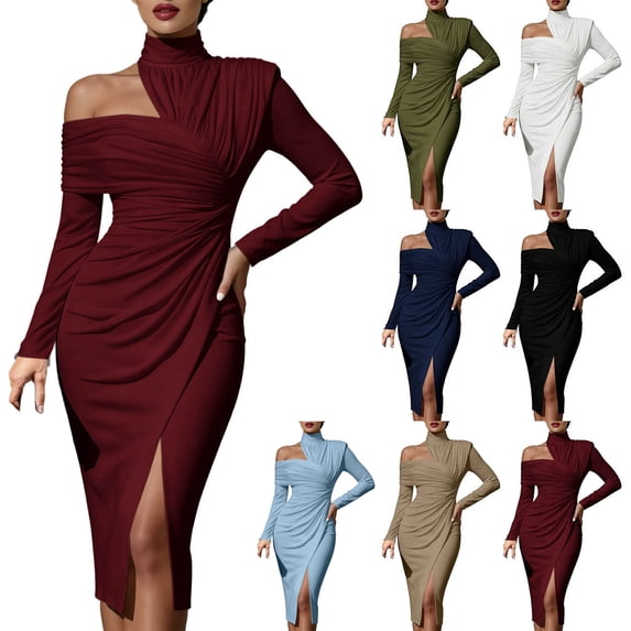 Dvprdro Womens Party Evening Midi Dress Asymmetric High Neck Long Sleeve Ruched Side Slit Fitted Solid