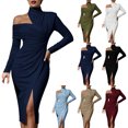 thumbnail image 1 of Dvprdro Womens Party Evening Midi Dress Asymmetric High Neck Long Sleeve Ruched Side Slit Fitted Solid, 1 of 5