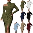 thumbnail image 1 of Dvprdro Womens Party Evening Midi Dress Asymmetric High Neck Long Sleeve Ruched Side Slit Fitted Solid, 1 of 5