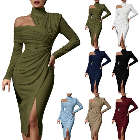 Dvprdro Womens Party Evening Midi Dress Asymmetric High Neck Long Sleeve Ruched Side Slit Fitted Solid