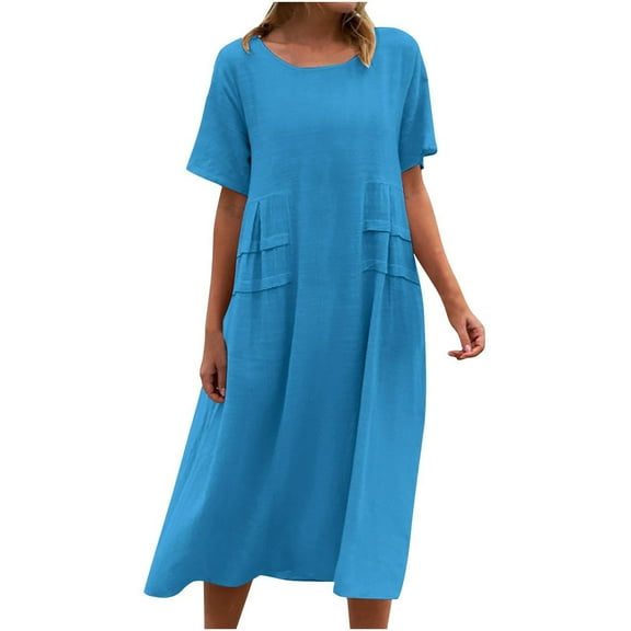Dvprdro Womens Plus Size Dress Summer Fashion Solid Crew Neck Short Sleeve Tiered Pleated Flowy Cotton Linen Dress Casual Loose Beach Sun Midi Dress
