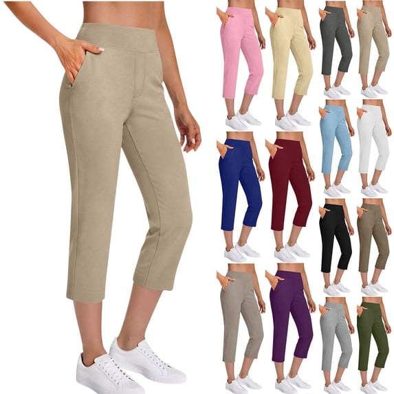Dvprdro Womens Pull On Capri Pants Elastic Waist Side Pockets Solid Lightweight Summer Trousers