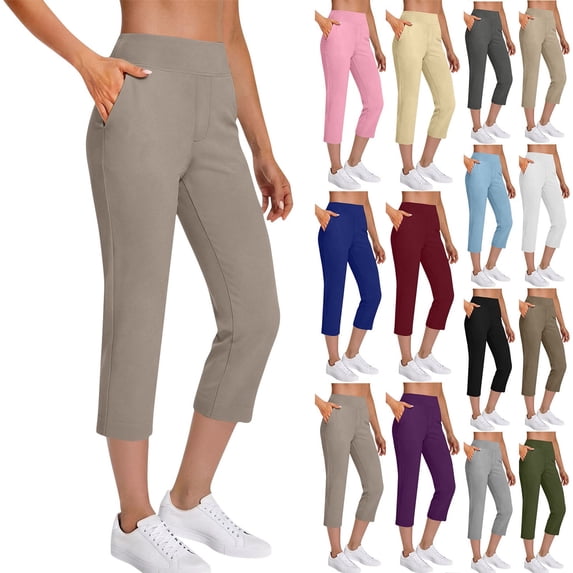 Dvprdro Womens Pull On Capri Pants Elastic Waist Side Pockets Solid Lightweight Summer Trousers