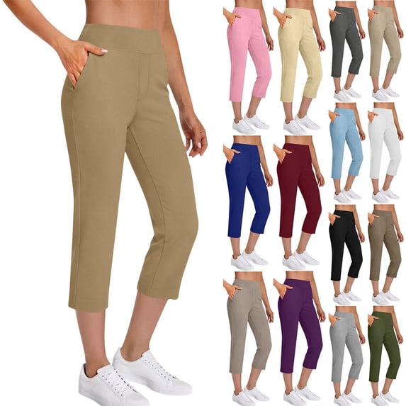 Dvprdro Womens Pull On Capri Pants Elastic Waist Side Pockets Solid Lightweight Summer Trousers