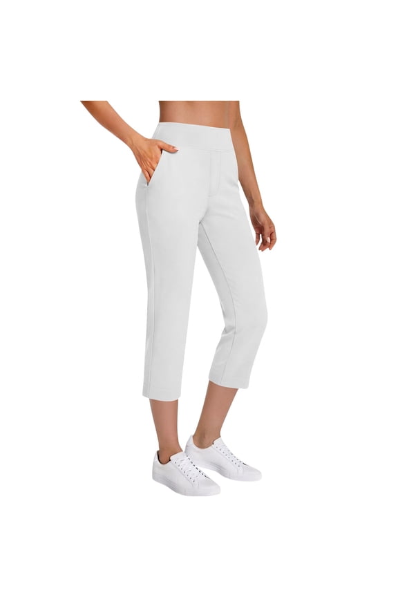 Womens Pull On Capri Pants Elastic Waist Side Pockets Solid Lightweight Summer Trousers