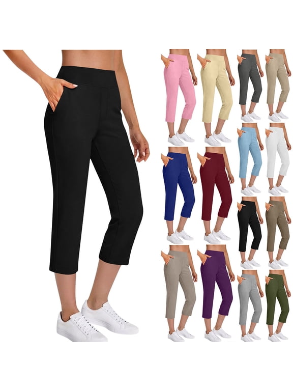 Womens Pull On Capri Pants Elastic Waist Side Pockets Solid Lightweight Summer Trousers