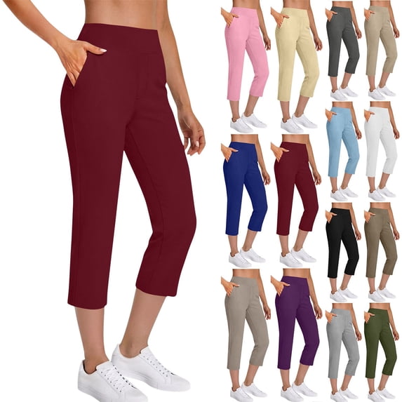 Dvprdro Womens Pull On Capri Pants Elastic Waist Side Pockets Solid Lightweight Summer Trousers