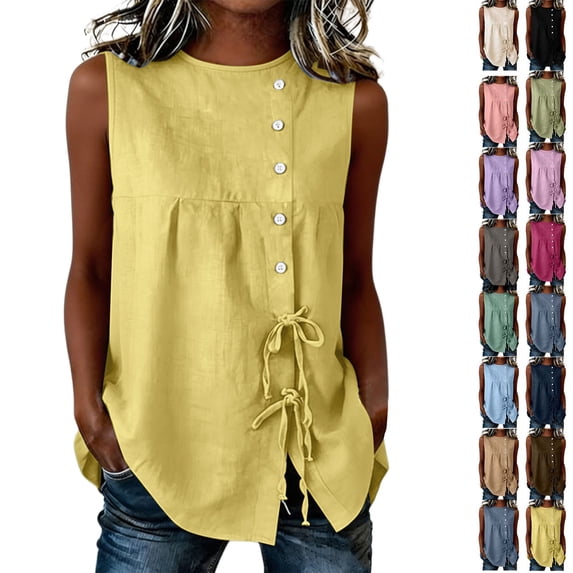 Dvprdro Womens Round Neck Tie Front Tank Top Linen Sleeveless Loose Fit Solid Summer Casual Tops