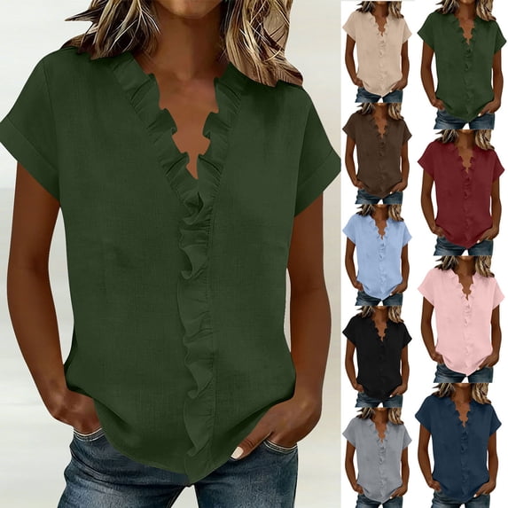 Dvprdro Womens Ruffle Collar Blouses Short Sleeve V Neck Cotton Linen Solid Tops Casual Summer Pullover Shirts