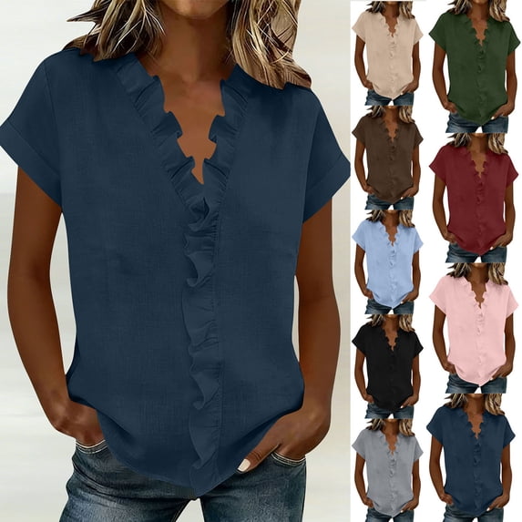 Dvprdro Womens Ruffle Collar Blouses Short Sleeve V Neck Cotton Linen Solid Tops Casual Summer Pullover Shirts