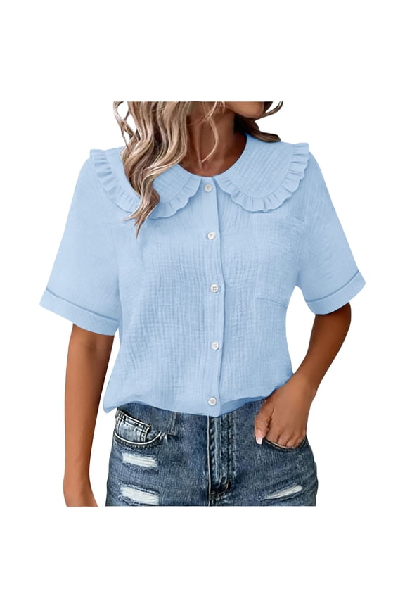 Womens Short Sleeve Button Front Tops Cotton Solid Collared Blouses with Rolled Cuffs Casual Summer