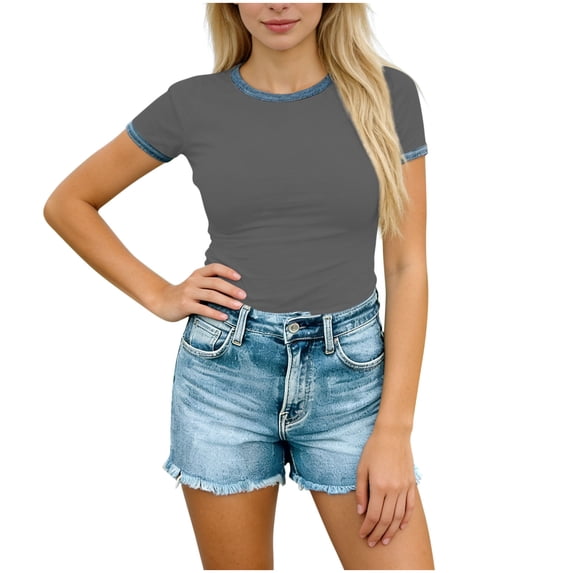 Dvprdro Womens Short Sleeve Tops Round Neck Fitted Blouses Denim Print Patchwork Solid Casual Summer Shirts