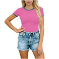thumbnail image 1 of Dvprdro Womens Short Sleeve Tops Round Neck Fitted Blouses Denim Print Patchwork Solid Casual Summer Shirts, 1 of 6