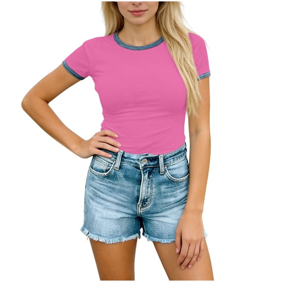 Dvprdro Womens Short Sleeve Tops Round Neck Fitted Blouses Denim Print Patchwork Solid Casual Summer Shirts