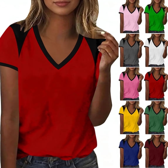 Dvprdro Womens Short Sleeve V Neck Tops Color Blocked Print Blouses Casual Summer T Shirts