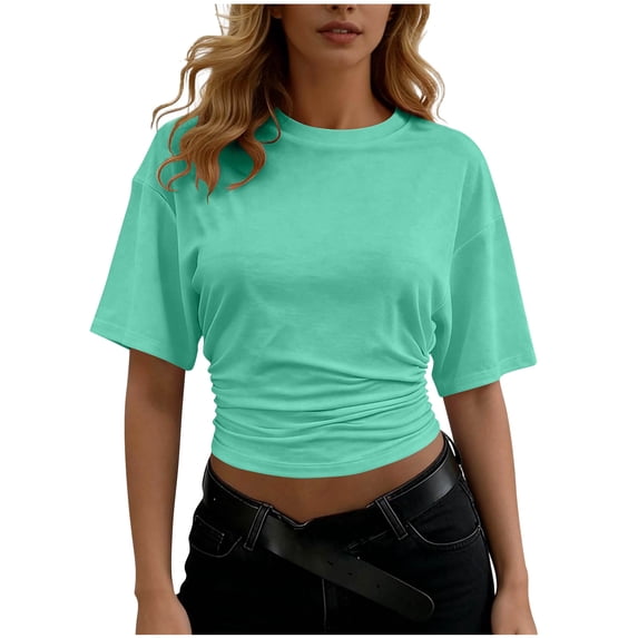 Dvprdro Womens Side Ruched Crew Neck T Shirts Short Sleeve Solid Color Slim Fit Casual Summer Tops