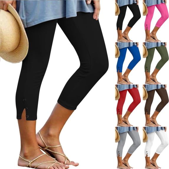 Dvprdro Womens Side Slit Capri Leggings Yoga Pants with Pockets Solid Stretchy Summer Workout Bottoms