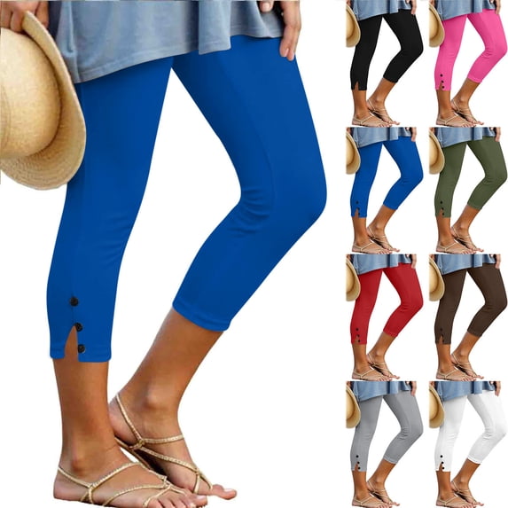 Dvprdro Womens Side Slit Capri Leggings Yoga Pants with Pockets Solid Stretchy Summer Workout Bottoms