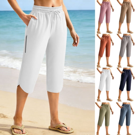 Dvprdro Womens Side Slit Capri Pants with Zipper Pockets Elastic Waist Lightweight Beach Summer Pants