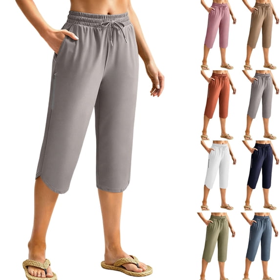 Dvprdro Womens Side Slit Capri Pants with Zipper Pockets Elastic Waist Lightweight Beach Summer Pants