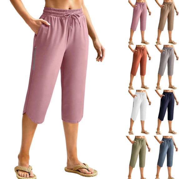 Dvprdro Womens Side Slit Capri Pants with Zipper Pockets Elastic Waist Lightweight Beach Summer Pants