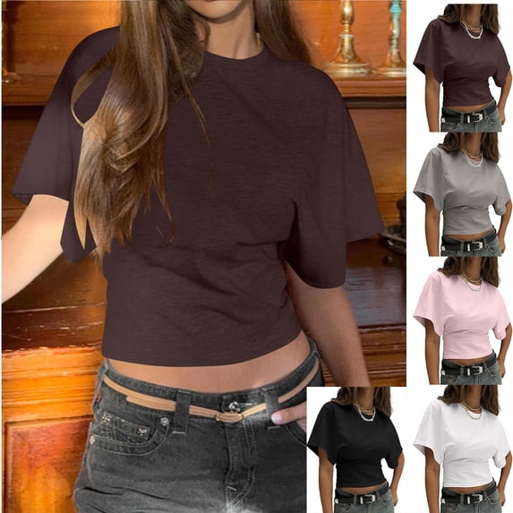 Dvprdro Womens Slim Fit Crew Neck T Shirts Short Sleeve Solid Casual Summer Basic Tees