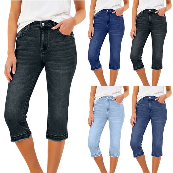 Dvprdro Womens Slim Fit Denim Capri Pants Elastic Waist Side Pockets Stretchy Summer Workout Capris