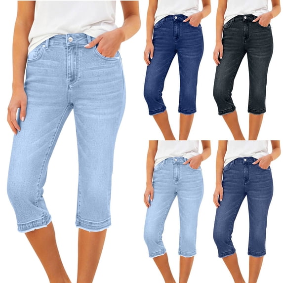 Dvprdro Womens Slim Fit Denim Capri Pants Elastic Waist Side Pockets Stretchy Summer Workout Capris