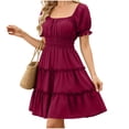 thumbnail image 1 of Dvprdro Womens Solid Open Neck Short Puff Sleeve Smocked Waist Tiered Ruffle Hem A Line Mini Dress Casual, 1 of 10