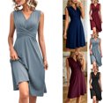 thumbnail image 1 of Dvprdro Womens Solid V Neck Sleeveless Wrap Front Back Zipper Shirred Waist Loose A Line Midi Dress Casual, 1 of 9