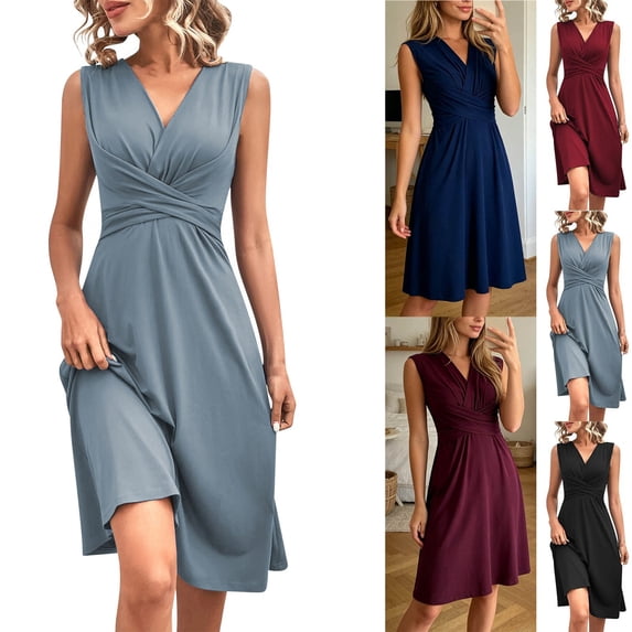 Dvprdro Womens Solid V Neck Sleeveless Wrap Front Back Zipper Shirred Waist Loose A Line Midi Dress Casual
