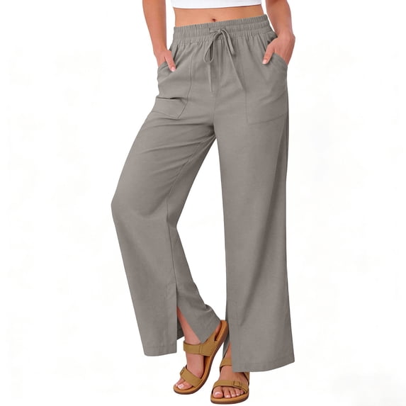 Dvprdro Womens Straight Leg Cotton Pants Side Slit Elastic Waist with Pockets Solid Casual Summer Bottoms