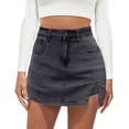 thumbnail image 1 of Dvprdro Womens Stretchy Denim Skirt High Waist Button Front Side Slit Mini Jean Skirt with Pockets Casual Summer Vintage Streetwear, 1 of 9