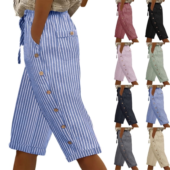 Dvprdro Womens Striped Beach Capri Pants Side Buttons Drawstring Waist with Pockets Casual Summer