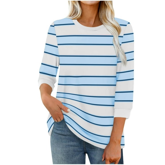 Dvprdro Womens Striped Printed 3/4 Sleeve Tops Casual Round Neck Pullover Blouse Fashion Loose T-Shirt Top