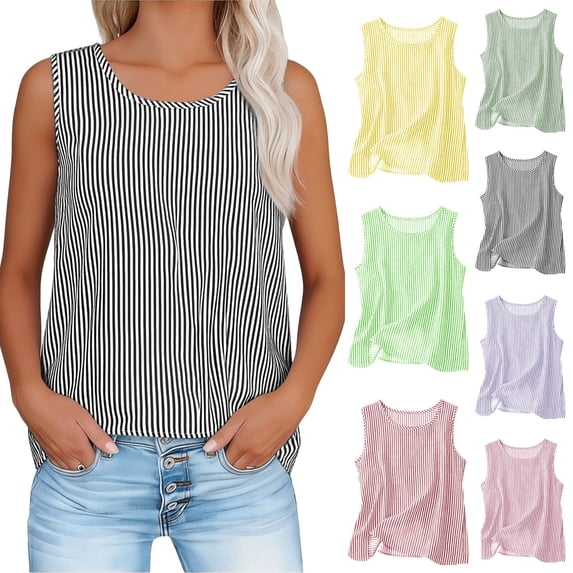 Dvprdro Womens Striped Tank Tops Cotton Linen Style Sleeveless Round Neck Blouses Casual Summer Basic Tees