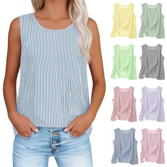 Dvprdro Womens Striped Tank Tops Cotton Linen Style Sleeveless Round Neck Blouses Casual Summer Basic Tees
