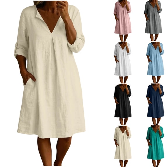 Dvprdro Womens Summer 2026 Cotton Linen V Neck Long Sleeve Loose A Line Mini Dress with Pockets Casual
