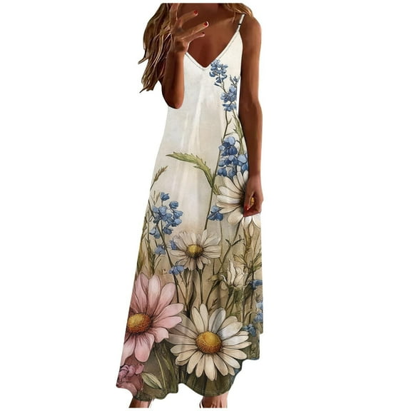 Dvprdro Womens Summer Boho Dress Fashion Floral Printed V Neck Spaghetti Strap Flowy Casual Loose Beach Sun Long Maxi Dress