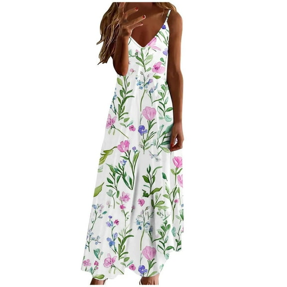 Dvprdro Womens Summer Boho Dress Fashion Floral Printed V Neck Spaghetti Strap Flowy Casual Loose Beach Sun Long Maxi Dress